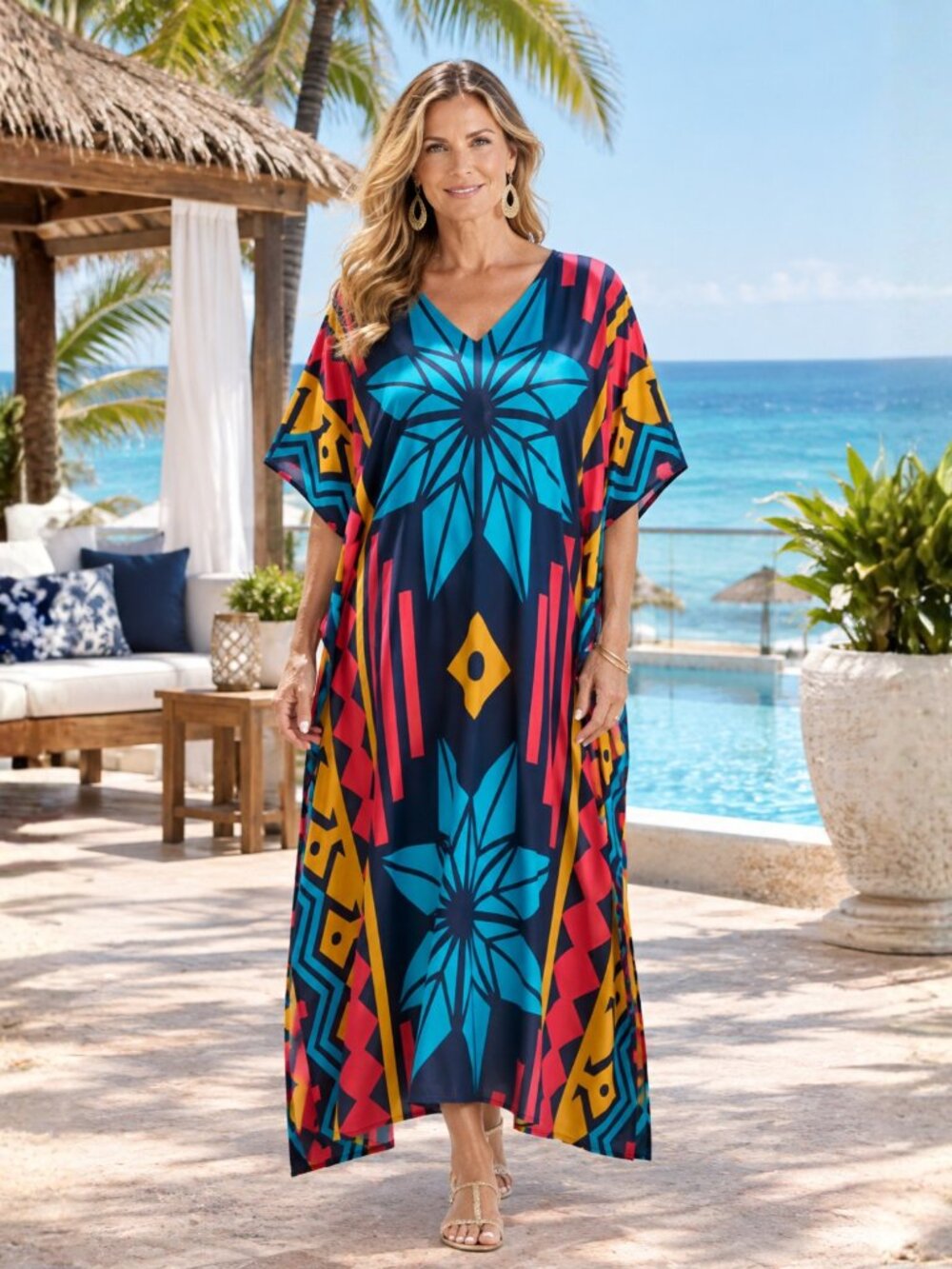Women Multicolor Floral Printed Caftan Summer Beach Cover Up Dress by Gypsie Blu